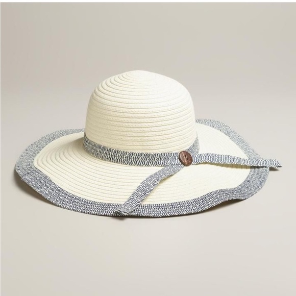 World Market Accessories - World Market Wide Brim Straw Hat with Blue‎ Trim and Bow With Button Style